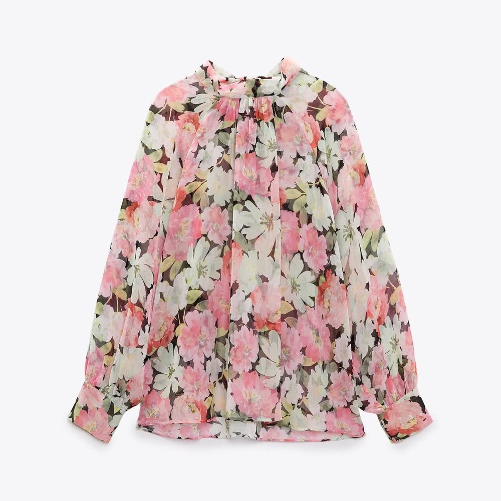 Zara Floral Sheer Blouse in Pink, White, Green